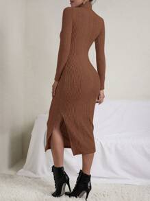 SHEIN Essnce Long Sleeve Split Side Dress - Coffee Brown - View 2