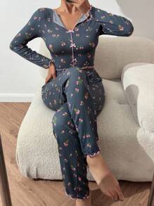 Women's Floral Printed Pajamas Set With Bow Decor - Dark Grey - View 3
