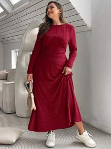 SHEIN Essnce 大尺碼純色肋紋針織兩件套裝 - 酒紅色 - 查看 3