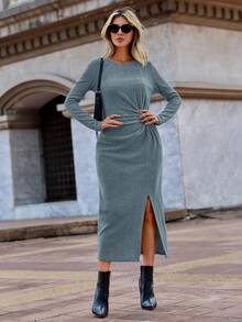 SHEIN Clasi Twist Detailing Front Slit Hem Long Sleeve Dress - Medium Wash - View 5