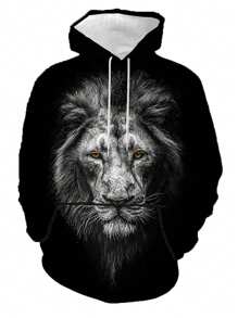 Hombre Plus 3d Sudadera Con Capucha Con Cordón Con Impresión De León - Negro - Ver 1