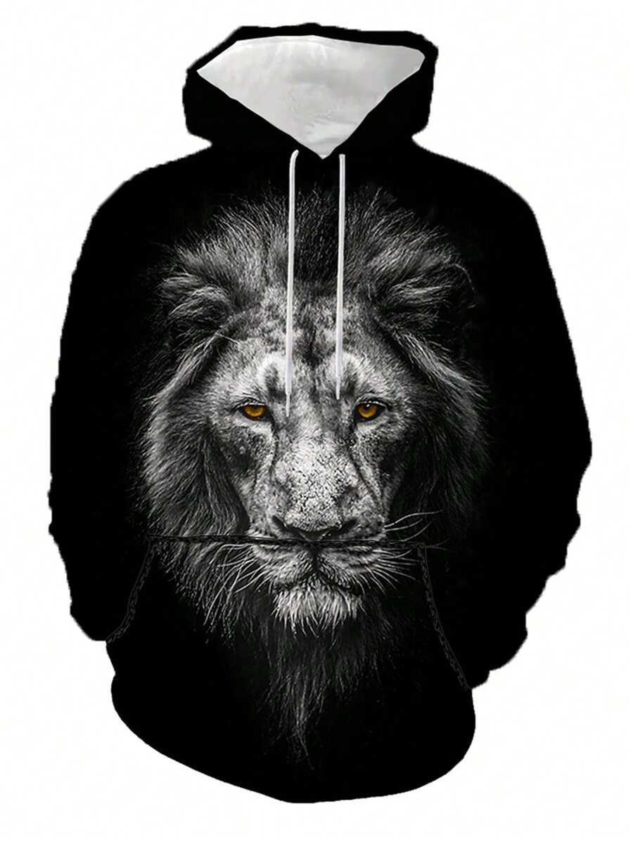 Hombre Plus 3d Sudadera Con Capucha Con Cordón Con Impresión De León - Negro - Ver 1
