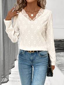 SHEIN Clasi 女性花邊拼接長袖t恤 - 杏色 - 查看 3