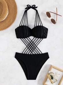 SHEIN Swim 中空交叉一件式泳衣 - 黑色 - 查看 3