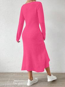 SHEIN Essnce 女式肋紋長袖毛衣連衣裙 - 玫紅色 - 查看 2