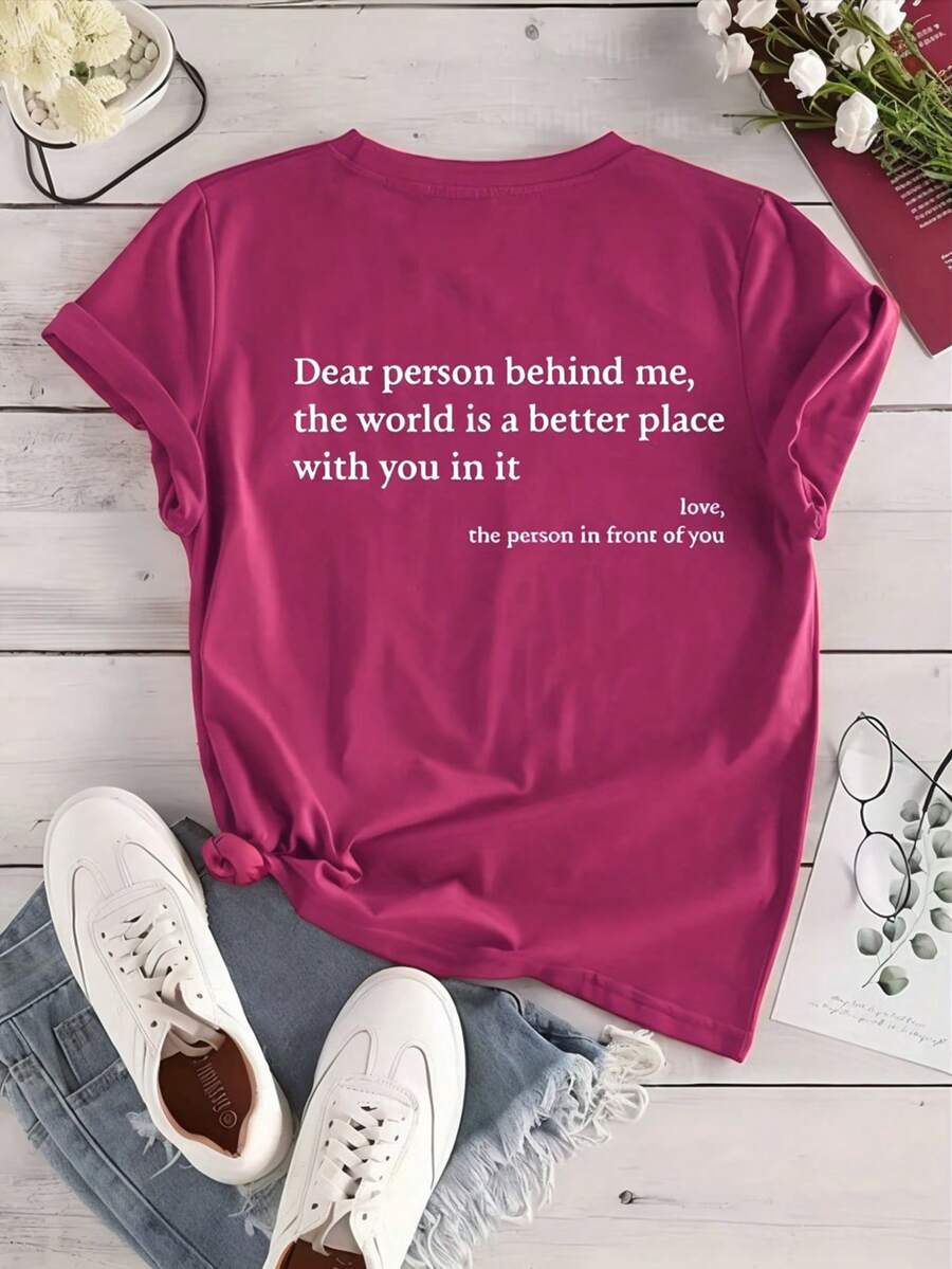 Calvaya 大尺碼女士純色圓領短袖t恤,印有英文字母 - 中紫紅色 - 查看 1