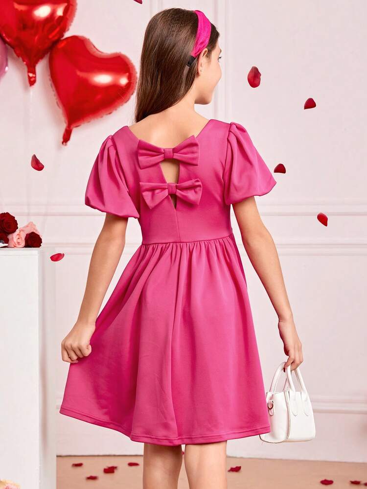 Tween Girls' Square Neckline V-Back Dress With Bow Decorations