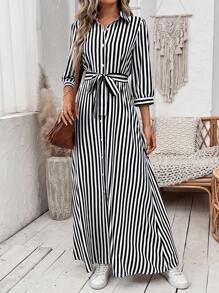Breezaya Vestido camisero de rayas con cinturón para mujer de largo maxi - Negro - Ver 5