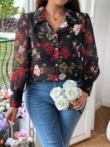 SHEIN Franclia Plus Size Floral Printed Shirt / Blouse - Black - View 1