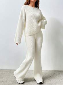 Flirla Solid Color Drop Shoulder Sweater And Knitted Wide Leg Pants Fashionable Loose Two-Piece Set - White - View 6