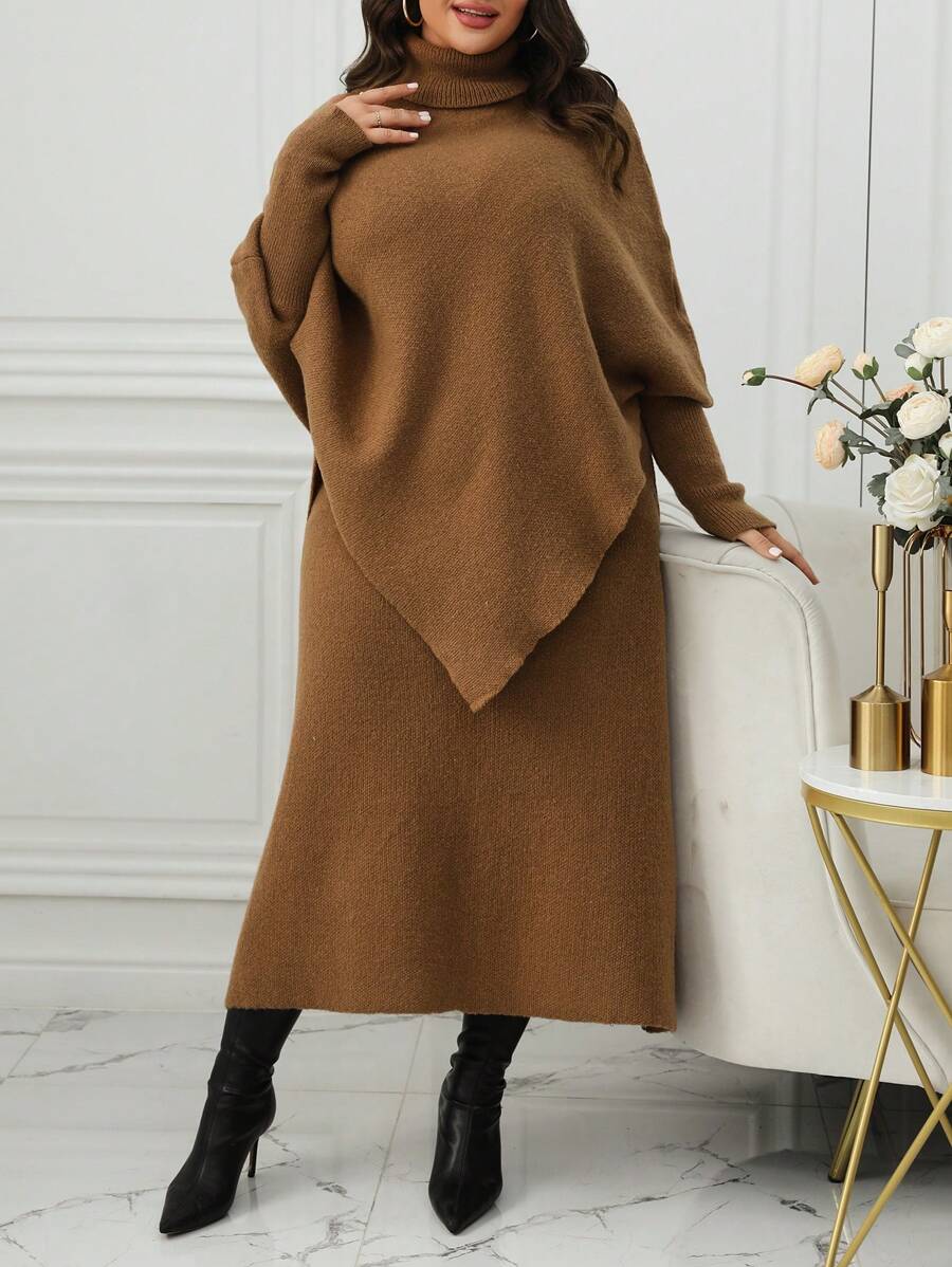 Calvaya Women's Plus Size Solid Color Turtleneck Batwing Sleeve Sweater And Skirt Set