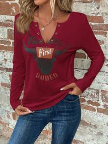 SHEIN Clasi 女士字母與公牛頭印花長袖t恤 - 紅色 - 查看 5