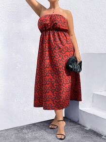 SHEIN Clasi Plus Size Printed Strapless Dress - Red - View 5