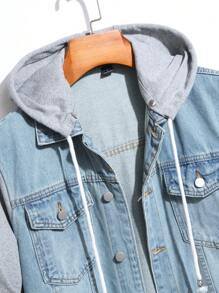 Manfinity Hypemode 男士帶胸袋和牛仔拼接設計的束口連帽夾克 - 淺色水洗藍 - 查看 4