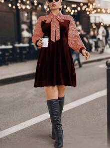 SHEIN Clasi Langes Kleid Mit Blumen Muster Für Damen Große Größen Mit Bindeschleife Am Hals Und Langen Ärmeln - Orange - Übersicht 1