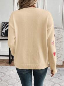 SHEIN LUNE 亮片心形设计落肩针织套头衫秋冬毛衣 - 杏色 - 查看 2
