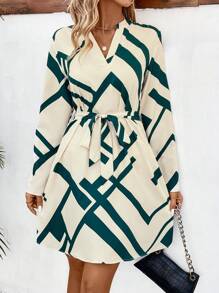 SHEIN Clasi 女士幾何圖案缺角領連身裙 - 綠色 - 查看 3