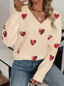 SHEIN LUNE 亮片心形设计落肩针织套头衫秋冬毛衣 - 杏色 - 查看 6