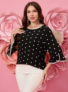 DreamSkyne Blusa De Manga Con Volantes De Lunares Para Mujeres De Talla Grande - Negro - Ver 3