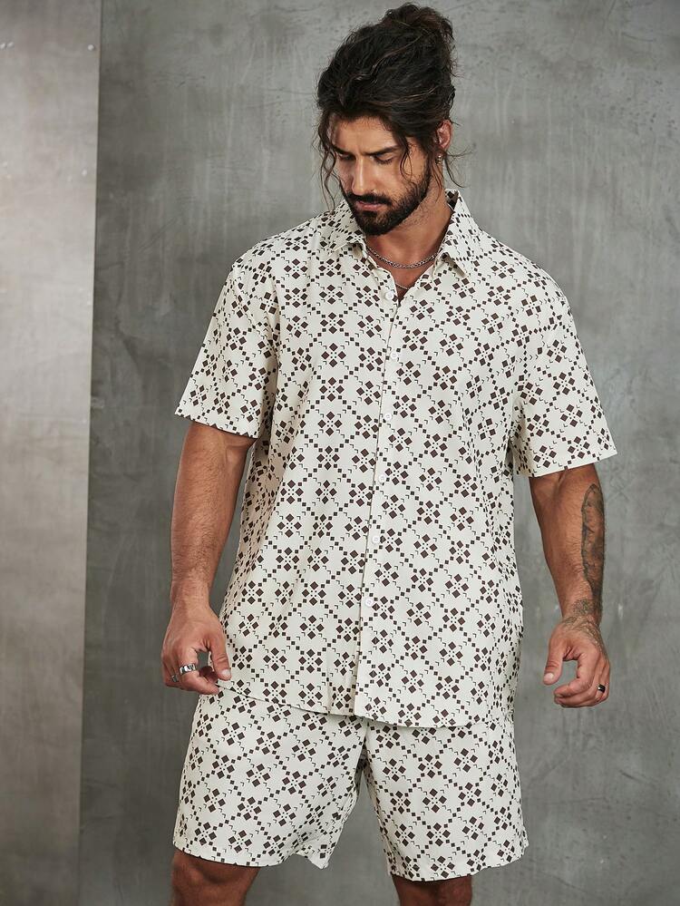 Men's Plus Size Geometric Printed Shirt And Shorts Two-piece Set