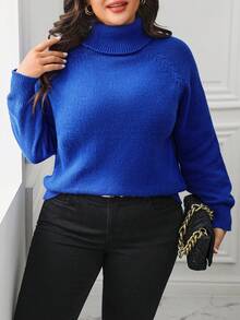 Calvaya Women's Plus Size High Neck Solid Color Raglan Sleeve Sweater - Blue - View 5