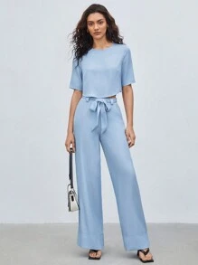 BizChic 2 cái/bộ Vòng cổ Ngắn tay Áo Và Cao eo Thắt lưng Quần - Màu xanh nhạt - Xem 4