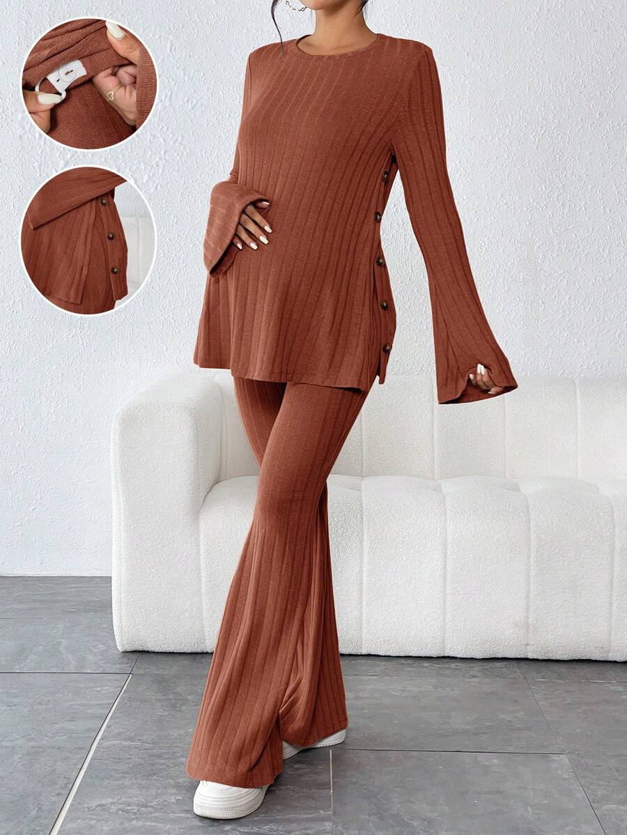 SHEIN Pregnant Women's Button Decorated Bell Sleeve T-Shirt And Flared Pants 2pcs Set - Rust Brown - View 1