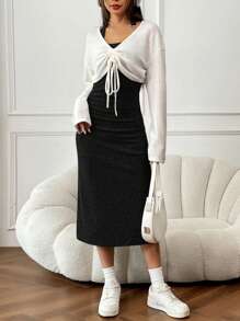 SHEIN EZwear Women's Asymmetrical Shoulder Ruched Dress And Drawstring Top 2pcs/Set - Black - View 6