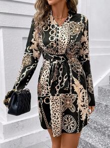 SHEIN Clasi 女款鏈條印花缺口領連身裙 - 彩色 - 查看 1