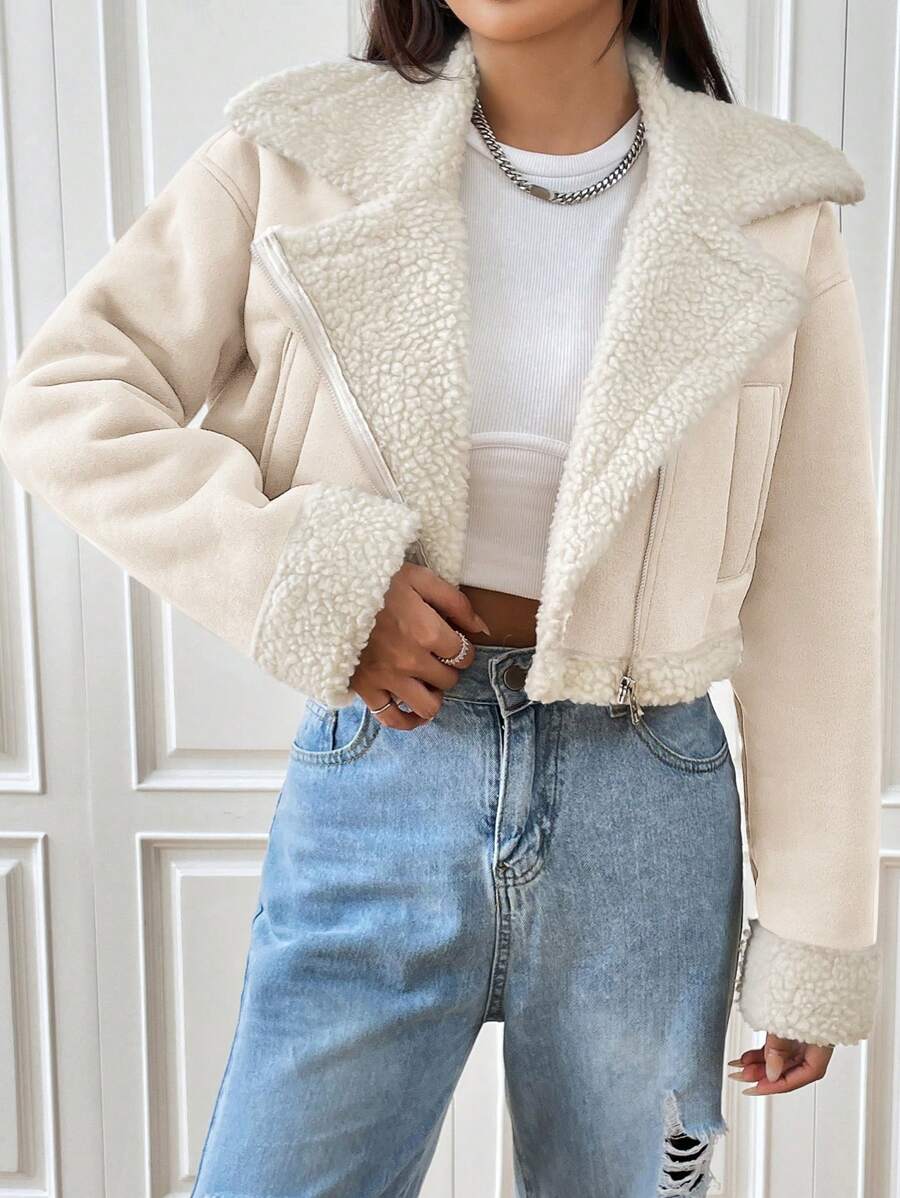SHEIN EZwear Kurze Pu-lederjacke Mit Pelzkragen Für Damen - Aprikosenfarben - Übersicht 1