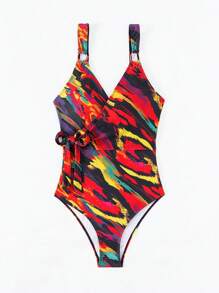 SHEIN Swim Ladies' Allover Print Tie One-Piece Swimsuit Carnival Summer