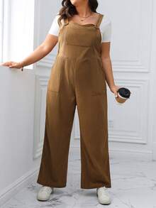 Calvaya 女款大尺碼純色連身褲,並帶有鈕扣口袋和寬鬆褲腿 - 卡其色 - 查看 5