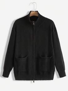 Flirla Của phụ nữ Kích thước lớn Phong cách Vintage Thiết kế độc nhất Khóa kéo đôi Túi Áo len Mở Áo len - màu đen - Xem 1