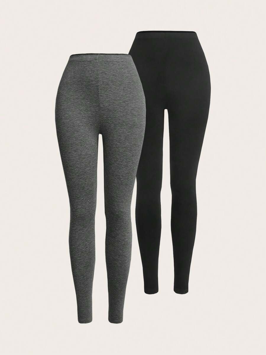 SHEIN EZwear 2pcs Casual Solid Color Elastic Waist Leggings - Multicolor - View 1