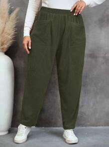 SHEIN LUNE Plus Size Elastic Waist Double Pocket Pants - Army Green - View 3