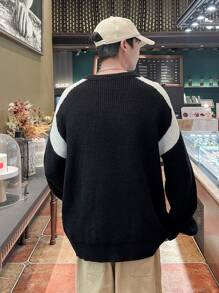 Manfinity Hypemode 男士拼色落肩圓領長袖毛衣 - 黑色 - 查看 2