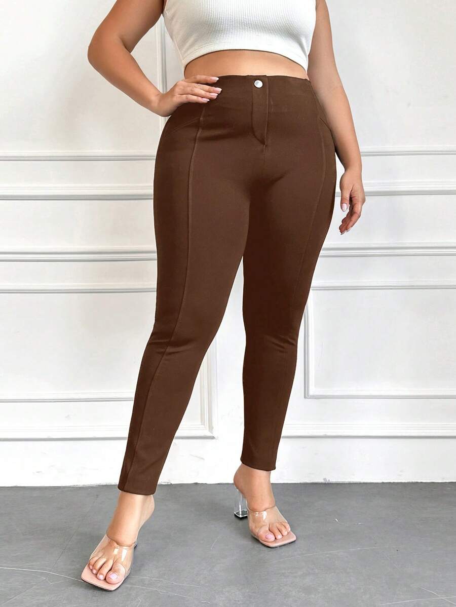 SHEIN Cottnline Women's Plus Size High Waist Solid Color Skinny Pants - Coffee Brown - View 1
