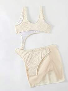 SHEIN Swim Hollow Out Decor Round Neck One Piece Swimsuit With Waist Cutout And Drawstring Swim Skirt Summer - Beige - View 2