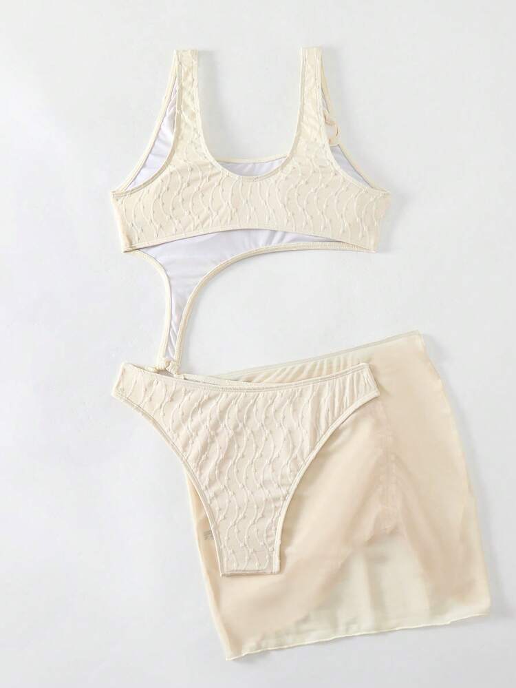 Hollow Out Decor Round Neck One Piece Swimsuit With Waist Cutout And Drawstring Swim Skirt Summer