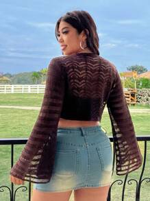 Flirla 大尺碼女士中空針織開衫,前綁帶設計