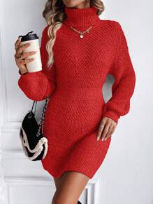 SHEIN Essnce 短領提花蓋肩休閒毛衣裙 - 紅色 - 查看 6