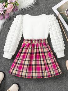 小女孩實色泡泡袖上衣和格紋裙套裝 - 玫紅色 - 查看 2