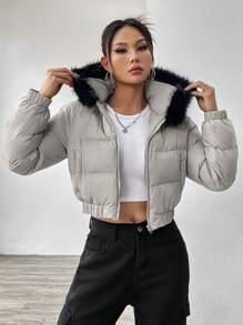 SHEIN EZwear Women's Hooded Padded Parka Jacket With Fur Collar - Grey - View 3
