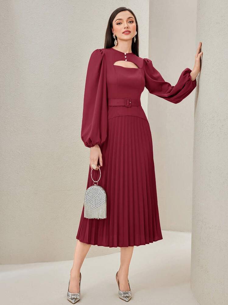 Modelyn Vestido feminino vazado com manga lanterna vermelha bordô, bainha plissada e cinto - Borgonha - Ver 1