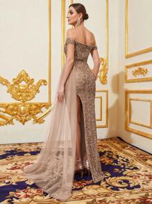 Faeriesty Off Shoulder Ruched Draped Side Split Sequin Formal Dress - Champagne - View 2