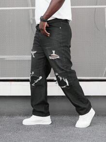 Manfinity LEGND 男士加大號破洞直筒牛仔褲 - 黑色 - 查看 7