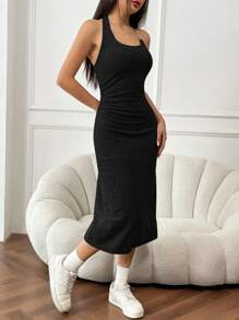 SHEIN EZwear Women's Asymmetrical Shoulder Ruched Dress And Drawstring Top 2pcs/Set - Black - View 5