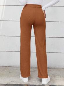 SHEIN LUNE 女性彈性腰部肋紋寬鬆褲 - 棕色 - 查看 2