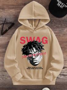 SHEIN 男童休闲印花长袖卫衣，适合秋冬季穿着 - 卡其色 - 查看 1