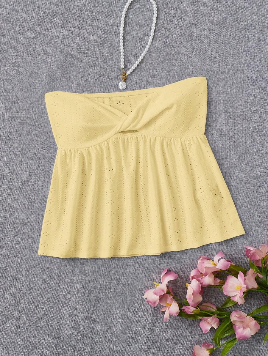SHEIN EZwear 女性空心刺繡扭結無肩帶上衣 - 黃色 - 查看 1